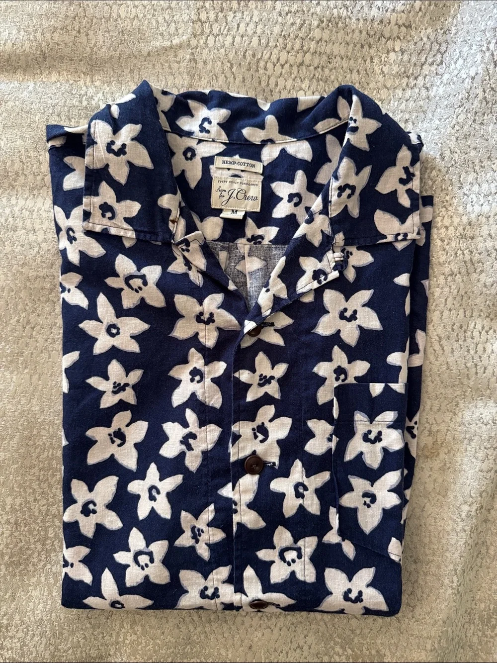 J. Crew Navy & White Floral Hemp-Cotton Shirt